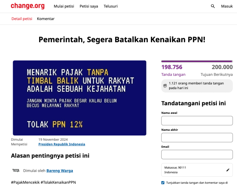 Petisi Tolak Kenaikan PPN 12% Capai 198 Ribu Dukungan, Target 200 Ribu